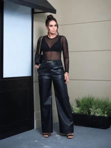 Wide Leg Leather Pants With Button - Black - View 4