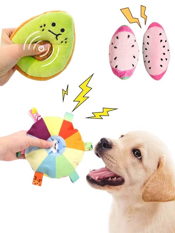 3Pcs Dog Sound Toys, Nibbling Plush Toys, Watermelon Avocado Shape. Simple And Cute, Colorful Flywheel Toys, Suitable For Cats, Dogs And Other Dogs To Play And Bite, Plush Fabric, Soft And Comfortable, Can Protect The Mouth Of Pets, Excellent Material, Strong And Bite-Resistant, A Variety Of Styles To Choose From