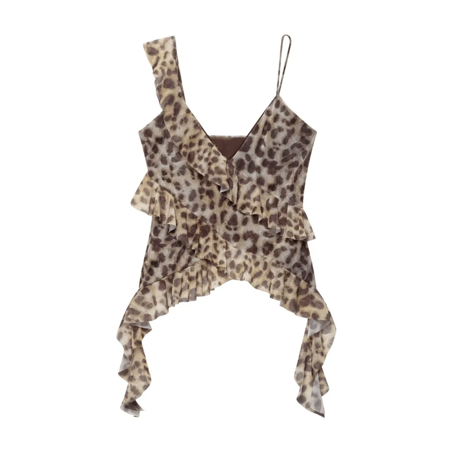 Seelio Summer New Arrival Women's Layered Leopard Print Chiffon Mesh Blouse