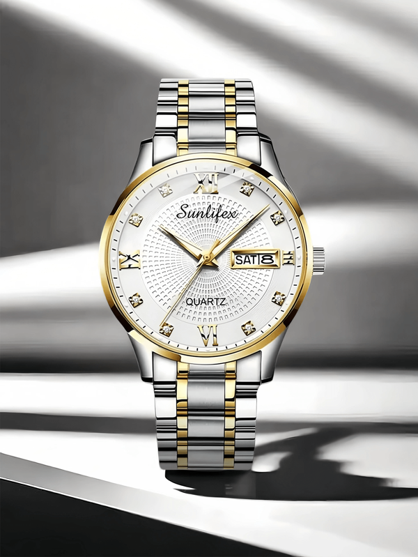 1 pezzo Orologio da uomo in acciaio inossidabile, oro, argento, con strass, rotondo, con calendario, impermeabile, che brilla al buio, economico, di qualità premium, casual, come regalo per uomini
