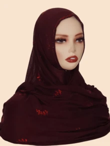 1pc Women Rhinestone Hijab,Elastic Ribbed Material Fashion Headscarf With Rhinestone Pressed Design, Sophisticated Malaysian-Style Hijab/Long Scarf, Middle Eastern Fashion For Dress - Pitted Leaf Drill Long Scarf - View 10