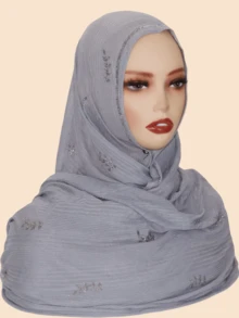 1pc Women Rhinestone Hijab,Elastic Ribbed Material Fashion Headscarf With Rhinestone Pressed Design, Sophisticated Malaysian-Style Hijab/Long Scarf, Middle Eastern Fashion For Dress - Pitted Leaf Drill Long Scarf - View 18