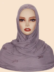 1pc Women Rhinestone Hijab,Elastic Ribbed Material Fashion Headscarf With Rhinestone Pressed Design, Sophisticated Malaysian-Style Hijab/Long Scarf, Middle Eastern Fashion For Dress - Pitted Leaf Drill Long Scarf - View 8