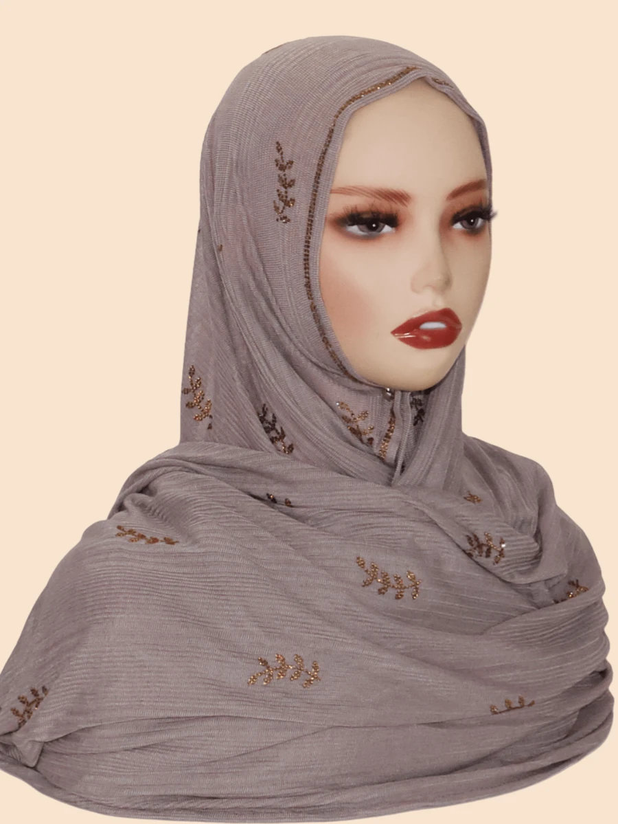 1pc Women Rhinestone Hijab,Elastic Ribbed Material Fashion Headscarf With Rhinestone Pressed Design, Sophisticated Malaysian-Style Hijab/Long Scarf, Middle Eastern Fashion For Dress - Pitted Leaf Drill Long Scarf - View 1