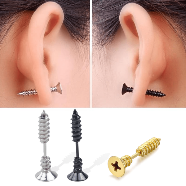 2 Pcs Punk Fashion Gold Black Stainless Steel Stud Earrings,Street Life Screw Design Earrings,Ladies Jewelry Fashion Accessories, Valentine's Day Gifts, Anniversary Gifts