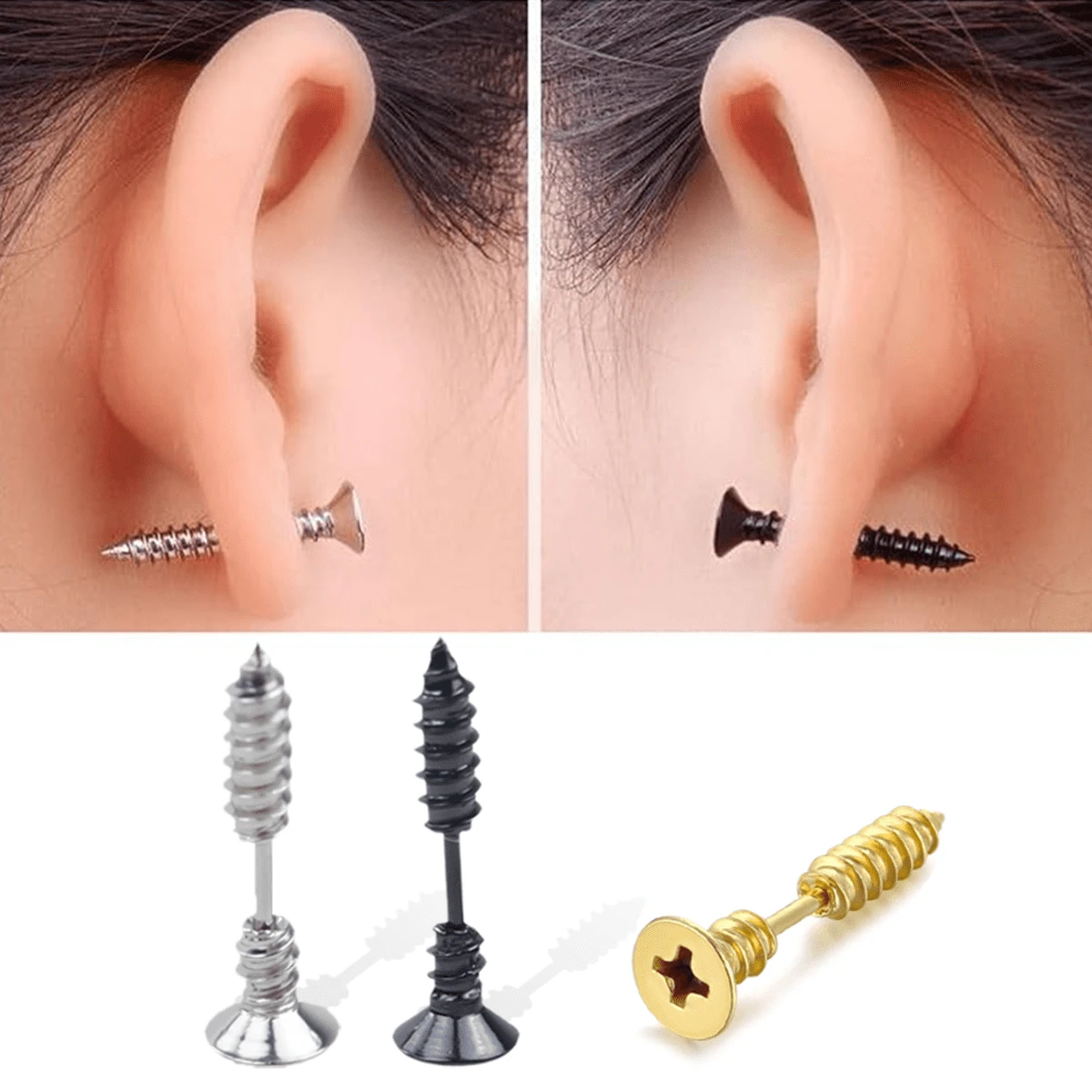 2 Pcs Punk Fashion Gold Black Stainless Steel Stud Earrings,Street Life Screw Design Earrings,Ladies Jewelry Fashion Accessories, Valentine's Day Gifts, Anniversary Gifts