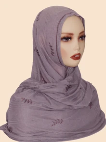 1pc Women Rhinestone Hijab,Elastic Ribbed Material Fashion Headscarf With Rhinestone Pressed Design, Sophisticated Malaysian-Style Hijab/Long Scarf, Middle Eastern Fashion For Dress - Pitted Leaf Drill Long Scarf - View 14