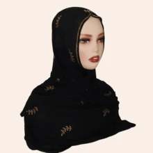 1pc Women Rhinestone Hijab,Elastic Ribbed Material Fashion Headscarf With Rhinestone Pressed Design, Sophisticated Malaysian-Style Hijab/Long Scarf, Middle Eastern Fashion For Dress - Pitted Leaf Drill Long Scarf - View 13