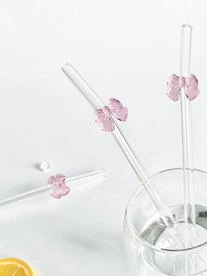 2/4 Stück Cartoon rosa Schmetterling biegsame wiederverwendbare Glasstrohhalme, mit Reinigungsbürste, für Smoothies, Milch, Tee, Säfte, Snackbars, Partygetränke, Cocktails, Milchshake Smoothies, Restaurant, Camping/Reisen/Sommer/Urlaub/Küche, Schulbedarf