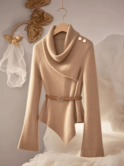 Novo suéter feminino elegante de malha para uso diário, design refinado na cintura, suéter de malha de alta qualidade com gola alta e cinto, adequado para eventos formais, festas e jantares