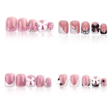 Instantly Upgrade Your Look With 96pcs Short Square White Sweet 3D Pink Floral Petal&Classic Black White French Style Irregular Zebra Stripe&3D Pink Bow-Knot&Laser Glitter  Rhinestone Charms Homemade Y2k Style Full Cover Fake Press On Nail Kit Suitable For Daily And Dating Will Give Your Look A Romantic,Lovely,Pretty