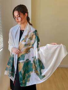 1 件女士时尚莲花印花缎面假日防晒披肩围巾适合日常穿着优雅头巾、发带、头带非常适合装扮您的外观 - 白色 - 查看 2