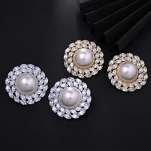 2pcs/Set Oversize Round Full Rhinestone Earrings, Vintage Pearl Earrings Decorations