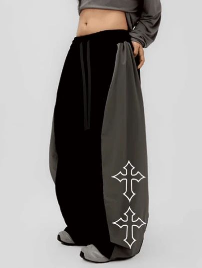 男士双色拼接阔腿筒裤，十字刺绣休闲裤