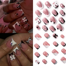 Instantly Upgrade Your Look With 96pcs Short Square White Sweet 3D Pink Floral Petal&Classic Black White French Style Irregular Zebra Stripe&3D Pink Bow-Knot&Laser Glitter  Rhinestone Charms Homemade Y2k Style Full Cover Fake Press On Nail Kit Suitable For Daily And Dating Will Give Your Look A Romantic,Lovely,Pretty