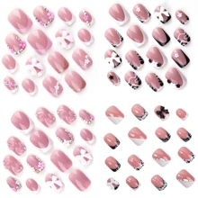 Instantly Upgrade Your Look With 96pcs Short Square White Sweet 3D Pink Floral Petal&Classic Black White French Style Irregular Zebra Stripe&3D Pink Bow-Knot&Laser Glitter  Rhinestone Charms Homemade Y2k Style Full Cover Fake Press On Nail Kit Suitable For Daily And Dating Will Give Your Look A Romantic,Lovely,Pretty