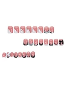 Instantly Upgrade Your Look With 96pcs Short Square White Sweet 3D Pink Floral Petal&Classic Black White French Style Irregular Zebra Stripe&3D Pink Bow-Knot&Laser Glitter  Rhinestone Charms Homemade Y2k Style Full Cover Fake Press On Nail Kit Suitable For Daily And Dating Will Give Your Look A Romantic,Lovely,Pretty