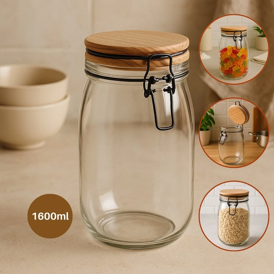 1.6L Glass Food Container With Airtight Bamboo Lid - 無色 - 查看 1