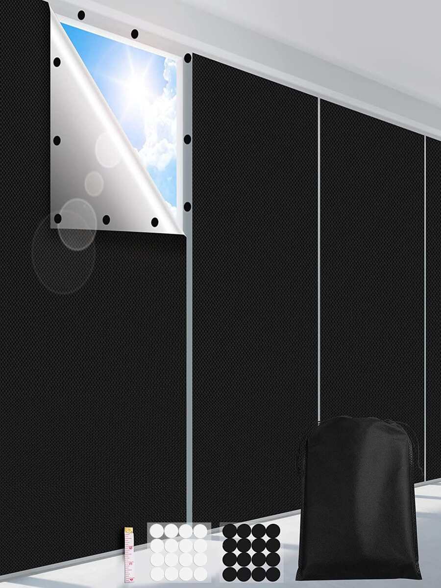 1 件便携式 100% 遮光隔热窗帘，牛津布带银色涂层，适用于办公室玻璃，阳光强烈，自粘设计，可修剪以适应，便携式遮光窗帘 - 黑色 - 查看 1