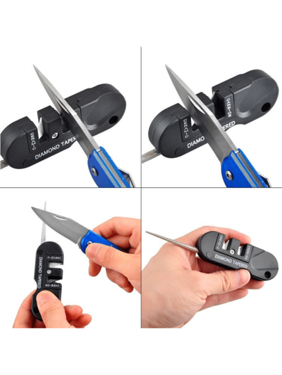 1 mini afiador de facas, haste dobrável com revestimento de diamante, afiador de facas para caça ao ar livre, afiador de tesouras de poda de jardim, afiadores de pedra de carboneto e cerâmica e diamante policristalino (PCD), portátil, compacto, leve, multiuso
