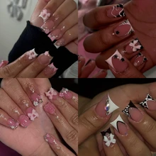 Instantly Upgrade Your Look With 96pcs Short Square White Sweet 3D Pink Floral Petal&Classic Black White French Style Irregular Zebra Stripe&3D Pink Bow-Knot&Laser Glitter  Rhinestone Charms Homemade Y2k Style Full Cover Fake Press On Nail Kit Suitable For Daily And Dating Will Give Your Look A Romantic,Lovely,Pretty