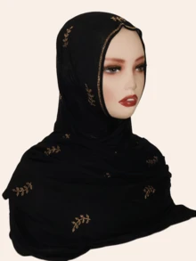 1pc Women Rhinestone Hijab,Elastic Ribbed Material Fashion Headscarf With Rhinestone Pressed Design, Sophisticated Malaysian-Style Hijab/Long Scarf, Middle Eastern Fashion For Dress - Pitted Leaf Drill Long Scarf - View 3