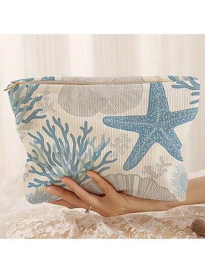 Vacation Pattern Corduroy Cosmetic Bag, Light Zipper Cosmetics Storage Bag Sweet Style Multifunctional Toiletries Storage Bag, Gift For Girls, Female Friends Travel Vacation Storage Bag Beach Storage Back To School ,School Supplies,Shop Back To School