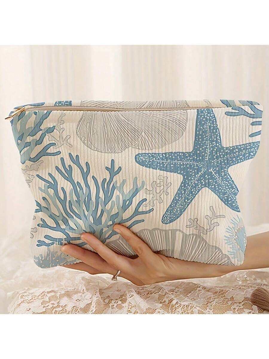 Nécessaire de veludo cotelê com estampa de férias, estojo organizador de maquiagem leve com zíper, nécessaire multifuncional com estilo delicado, bolsa de viagem para meninas e mulheres, bolsa de praia, item essencial para a volta às aulas, material escolar, compras para a volta às aulas