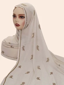1pc Women Rhinestone Hijab,Elastic Ribbed Material Fashion Headscarf With Rhinestone Pressed Design, Sophisticated Malaysian-Style Hijab/Long Scarf, Middle Eastern Fashion For Dress - Pitted Leaf Drill Long Scarf - View 11