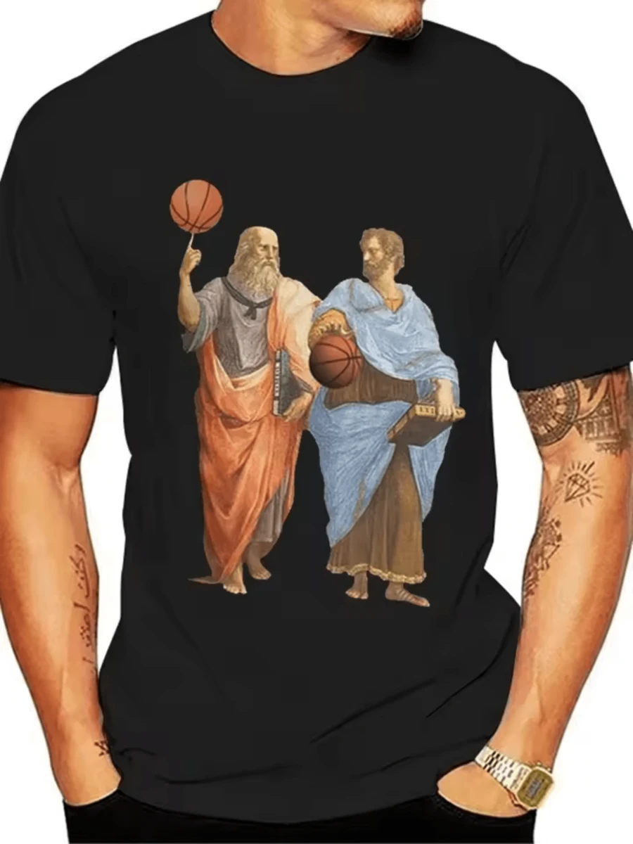 1pcs Men's Casual Round Neck Short Sleeve T Shirt Basketball Plato Aristotle Graphic Tee 220g Heavy Vintage T Shirt Renaissance Art History Lovers Digital Print Tee Summer - 黑色 - 查看 1