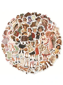 50 Pcs Cartoon Retro European And American Girl Graffiti Stickers, Personalized Vinyl Irregular Shaped Self-Adhesive Stickers, Suitable For Decorating Luggage, Computer Phone Cases, Diaries, Water Bottles, Helmets, Personalized Scrapbooks, Decorative Items School Supplies,Back To School