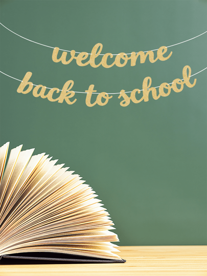 1 peça guirlanda de faixa de boas-vindas de volta às aulas com glitter dourado, adequada para festa em sala de aula, decoração de parede, professores, decorações de boas-vindas de volta às aulas, bandeirinhas de papel coloridas para festa de volta às aulas