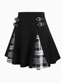 新款时尚休闲女式装饰迷你裙，高腰百搭哥特式格纹图案，适合日常、办公、户外、节日等场合。针织涤纶面料，金属纽扣开合，适合春夏秋三季穿着。 - 黑與白 - 查看 3
