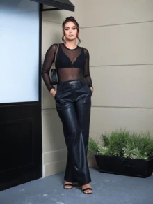 Wide Leg Leather Pants With Button - Black - View 3