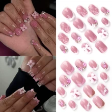 Instantly Upgrade Your Look With 96pcs Short Square White Sweet 3D Pink Floral Petal&Classic Black White French Style Irregular Zebra Stripe&3D Pink Bow-Knot&Laser Glitter  Rhinestone Charms Homemade Y2k Style Full Cover Fake Press On Nail Kit Suitable For Daily And Dating Will Give Your Look A Romantic,Lovely,Pretty