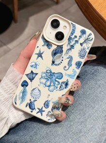 1 pieza Funda protectora de teléfono suave, impermeable, a prueba de caídas y antideslizante con patrón patchwork de pulpo y tortuga en estilo retro, compatible con Apple y otros teléfonos