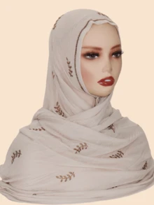 1pc Women Rhinestone Hijab,Elastic Ribbed Material Fashion Headscarf With Rhinestone Pressed Design, Sophisticated Malaysian-Style Hijab/Long Scarf, Middle Eastern Fashion For Dress - Pitted Leaf Drill Long Scarf - View 12