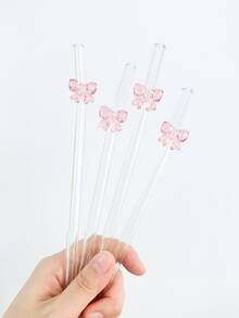2/4Pcs Cartoon Pink Butterfly Bend Reusable Glass Straw,With A Cleaning Brush,For Smoothie, Milk,Tea,Juice,Snack Bar,Party Drinks,Cocktails,Milkshake Smoothie,Restaurant.,School Supplies - Pink - View 8