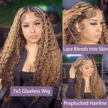 HJ WEAVE BEAUTY Perruque en dentelle bouclée profonde brune à reflets sans colle 7x5, cheveux humains P4/27, pré-épilée, avec fermeture en dentelle HD et cheveux de bébé, à porter et à emporter, sans colle, pour femmes, adaptée aux débutantes, véritables cheveux brésiliens Remy, densité de 180 %, boucles d'aspect naturel
