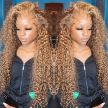 HJ WEAVE BEAUTY Perruque en dentelle bouclée profonde brune à reflets sans colle 7x5, cheveux humains P4/27, pré-épilée, avec fermeture en dentelle HD et cheveux de bébé, à porter et à emporter, sans colle, pour femmes, adaptée aux débutantes, véritables cheveux brésiliens Remy, densité de 180 %, boucles d'aspect naturel