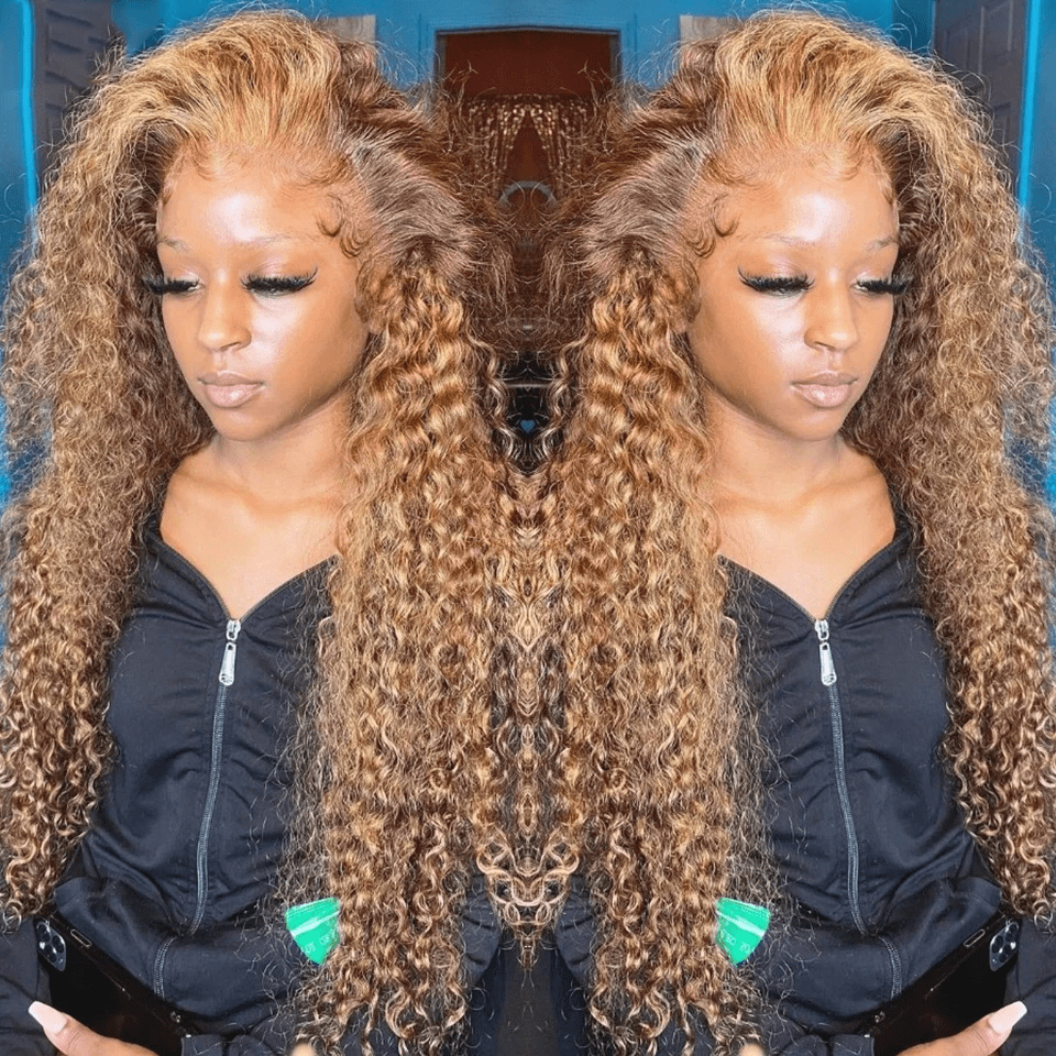 HJ WEAVE BEAUTY Perruque en dentelle bouclée profonde brune à reflets sans colle 7x5, cheveux humains P4/27, pré-épilée, avec fermeture en dentelle HD et cheveux de bébé, à porter et à emporter, sans colle, pour femmes, adaptée aux débutantes, véritables cheveux brésiliens Remy, densité de 180 %, boucles d'aspect naturel
