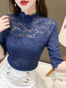 Áo ba lỗ ren mới mùa hè cho nữ, áo thun tay ngắn cổ đứng ôm vừa vặn gợi cảm - Màu xanh lam - Xem 5