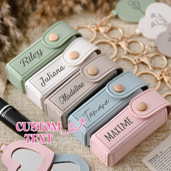 Custom Name Lipstick Bag Keychain - Bridesmaid Gift Set, Personalized Makeup Storage Pouch With Mirror, Anti-Lost Cosmetic Case For Women, Birthday Gift, Valentine's Day Gift