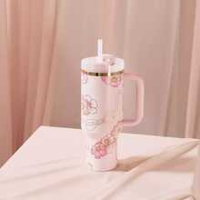 Compatible With Stanley 40 Oz H2.0 Tumbler With Handle, Double Walled Vacuum Insulated Stainless Steel Water Bottle Premium Summer Drinkware Portable Handy Flask Travel Mug Iced Coffee Cup For Outdoor Camping, Hiking, Driving, Travel, Perfect Gift Idea - 粉紅色花 - 查看 2