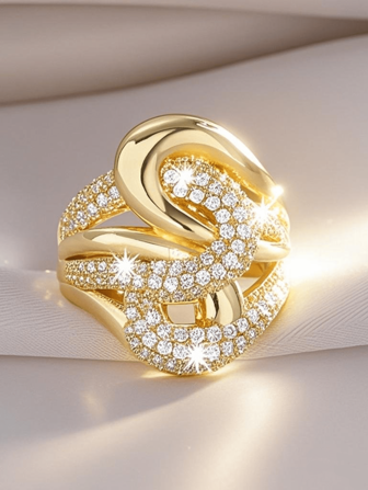 18K Gold Plated Copper Women Ring With Zirconia Micro-Inlaid, Elegant Elegant And Personalized, Fashionable European And American Style, Adjustable Size, Suitable For Women's Daily Casual Wear, Gift And Commemoration, Women's Rings