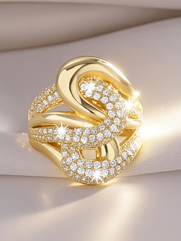 18K Gold Plated Copper Women Ring With Zirconia Micro-Inlaid, Elegant Elegant And Personalized, Fashionable European And American Style, Adjustable Size, Suitable For Women's Daily Casual Wear, Gift And Commemoration, Women's Rings
