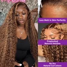 HJ WEAVE BEAUTY Perruque en dentelle bouclée profonde brune à reflets sans colle 7x5, cheveux humains P4/27, pré-épilée, avec fermeture en dentelle HD et cheveux de bébé, à porter et à emporter, sans colle, pour femmes, adaptée aux débutantes, véritables cheveux brésiliens Remy, densité de 180 %, boucles d'aspect naturel