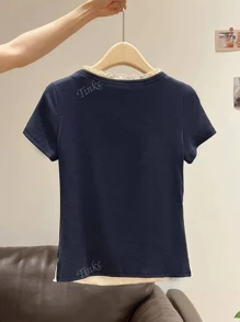 Summer Tie-Up Color Block 2 In 1 Short Sleeve T-Shirt, Design Details, Ruffle Hem, Slim Fit, Textured Ladies Top