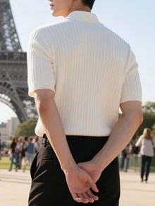 男士宽松修身纯色休闲Polo领短袖罗纹针织上衣，复古风格