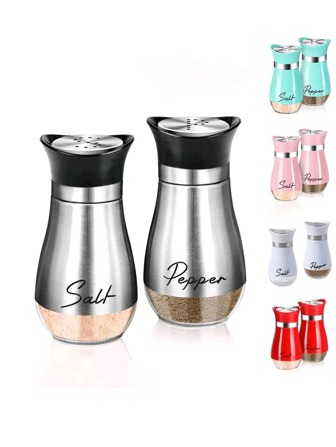 Set van 2 zout- en peperpotjes, 113,4 g (4 ounces) glazen bodem zout- en peperpotje met roestvrijstalen deksel, geschikt voor keukengadgets, kooktafels, campers, campings en barbecues. Vullingontwerp.